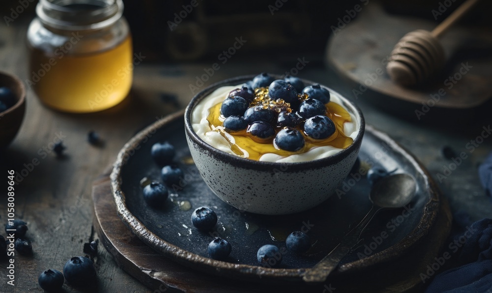 Classic yogurt parfait with layered blueberries and honey, served in a shallow bowl on a dark plate Classic yogurt parfait with layered blueberries and honey, served in a shallow bowl on a dark plate