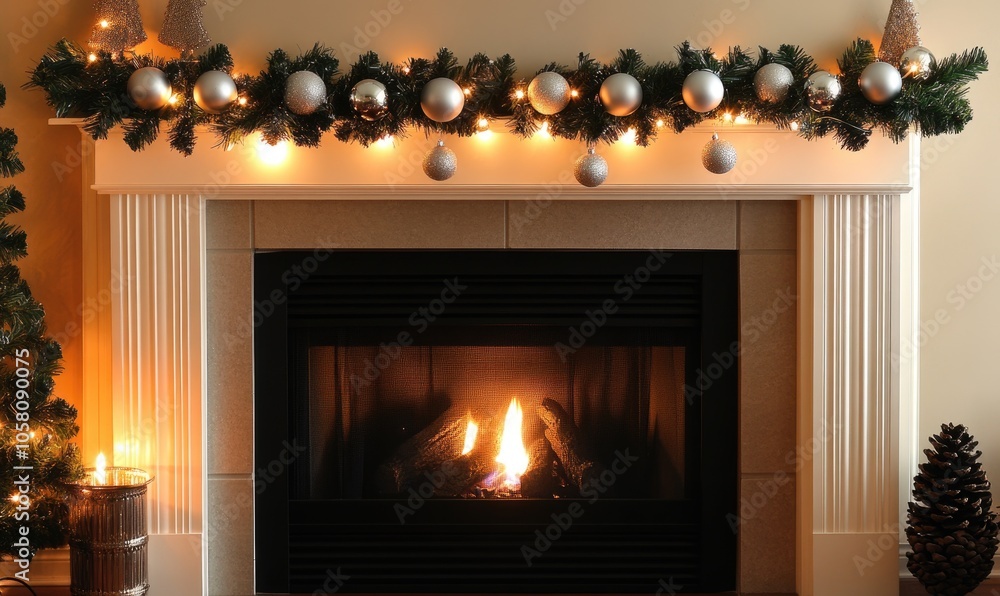 Cozy fireplace mantle with minimal holiday decor, featuring a white garland with silver ornaments and a few pine cones Cozy fireplace mantle with minimal holiday decor, featuring a white garland with silver ornaments and a few pine cones