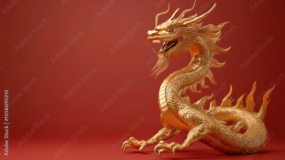 Obraz premium Golden Dragon on Red Background - 3D Render, Chinese Dragon, Mythical Creature, Dragon, 3D Model