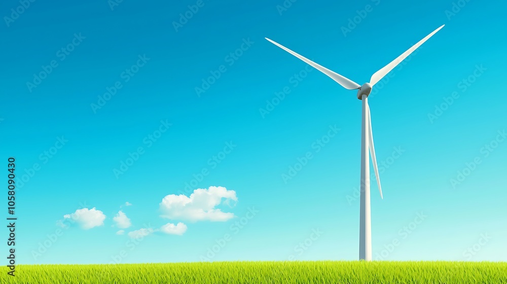 Fototapeta premium A scenic view of a wind turbine set against a clear blue sky, showcasing green grass. This image symbolizes renewable energy and sustainability in nature.