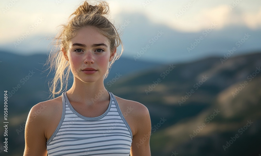 Female athlete in a white and gray striped sports top, standing outdoors against a mountain backdrop Female athlete in a white and gray striped sports top, standing outdoors against a mountain backdrop