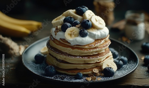 Fluffy pancake stack topped with natural yogurt, blueberries, and sliced bananas on a dark plate