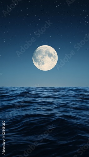 Full moon rising over a calm, dark sea.