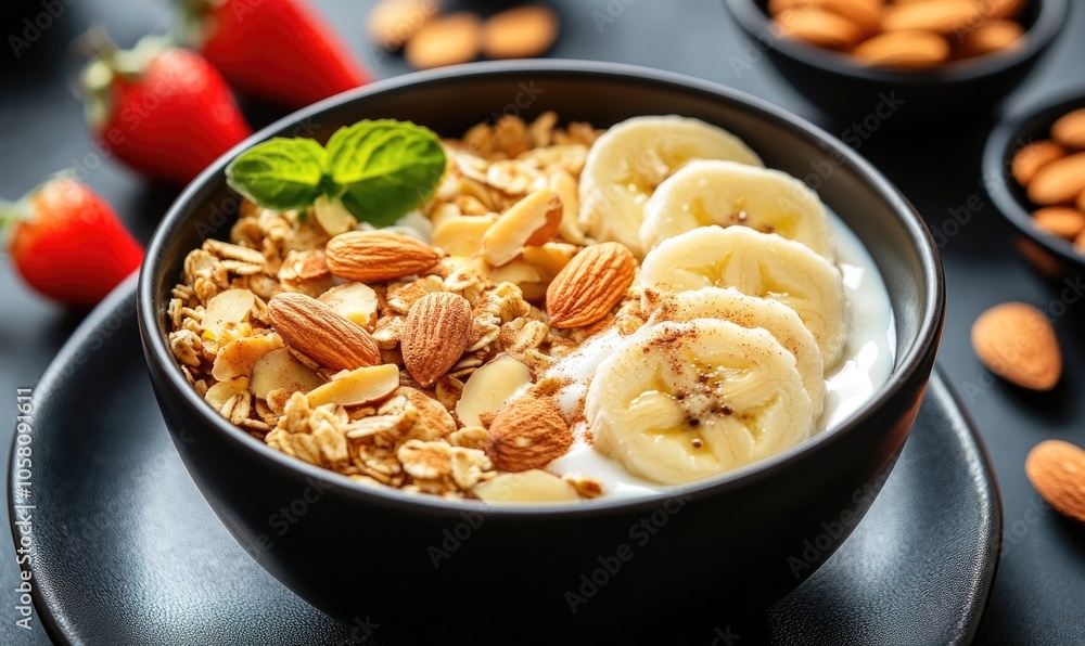 Granola bowl with yogurt, sliced bananas, almonds, and a sprinkle of cinnamon, served on a dark plate Granola bowl with yogurt, sliced bananas, almonds, and a sprinkle of cinnamon, served on a dark plate