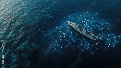A contemporary naval vessel moves through tranquil seas amidst digital connections highlighting technological advancements in maritime warfare