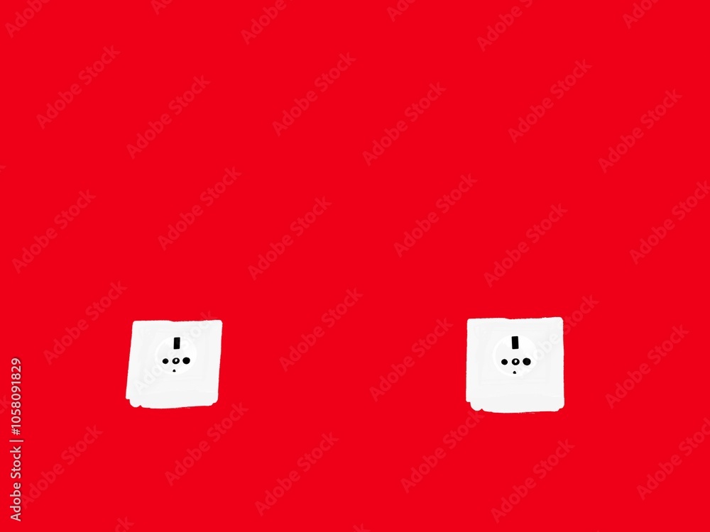 A design of two white electrical wall sockets on a red wall A design of two white electrical wall sockets on a red wall