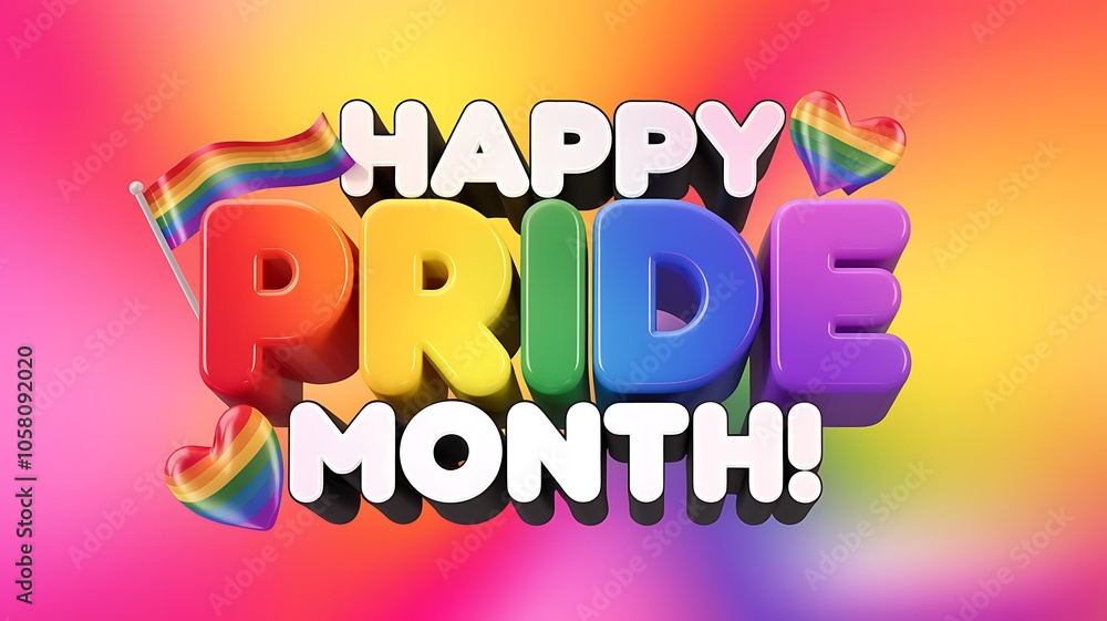 Fototapeta premium Happy Pride Month 3D Text with Rainbow Hearts and Flag