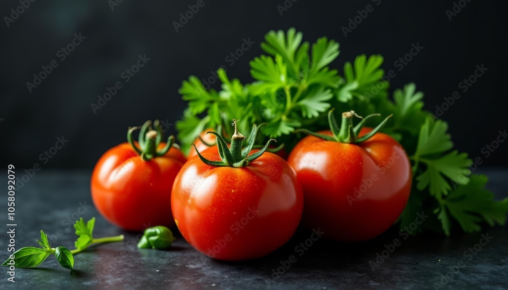 Freshly harvested cherry tomatoes and basil leaves Freshly harvested cherry tomatoes and basil leaves
