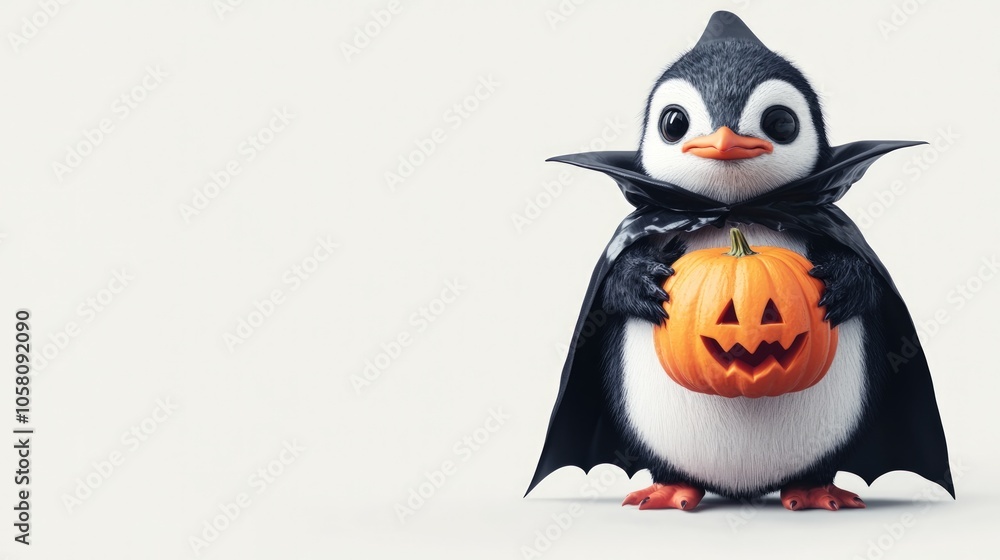 Cute Penguin in Vampire Costume Holding a Jack-o'-Lantern Pumpkin Cute Penguin in Vampire Costume Holding a Jack-o'-Lantern Pumpkin