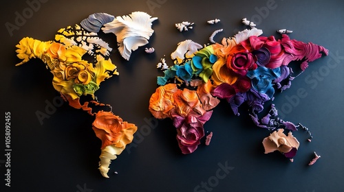 Colorful world map on black background.