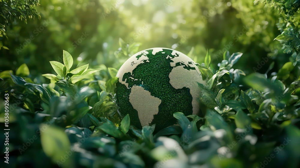 A globe made of green grass sits among lush green foliage, symbolizing a sustainable future and connection to nature. A globe made of green grass sits among lush green foliage, symbolizing a sustainable future and connection to nature.