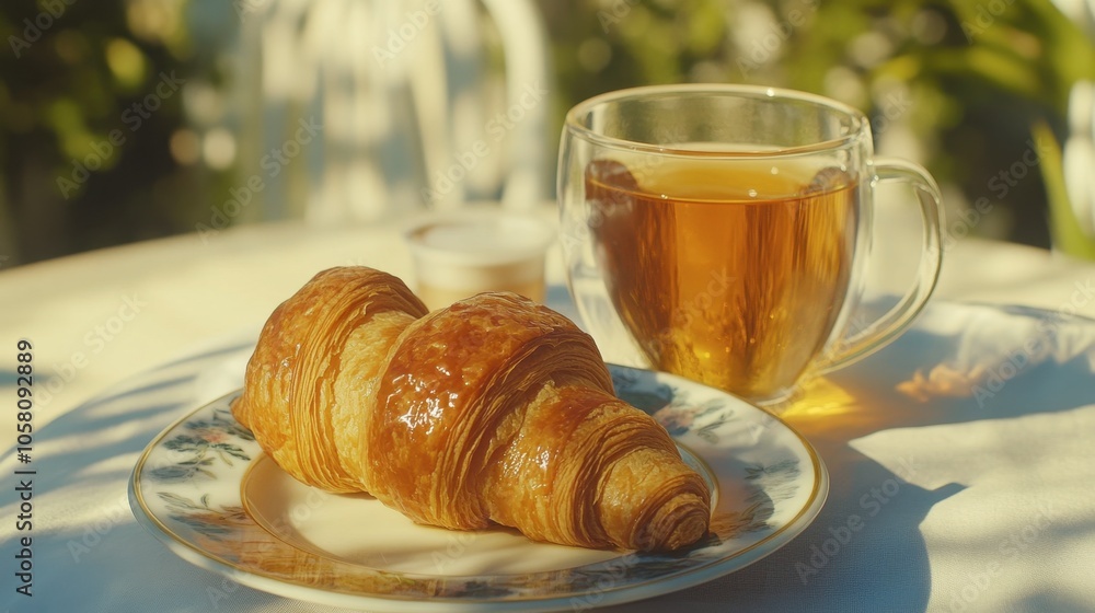 Warm Croissant and Tea on a Sunny Table Warm Croissant and Tea on a Sunny Table