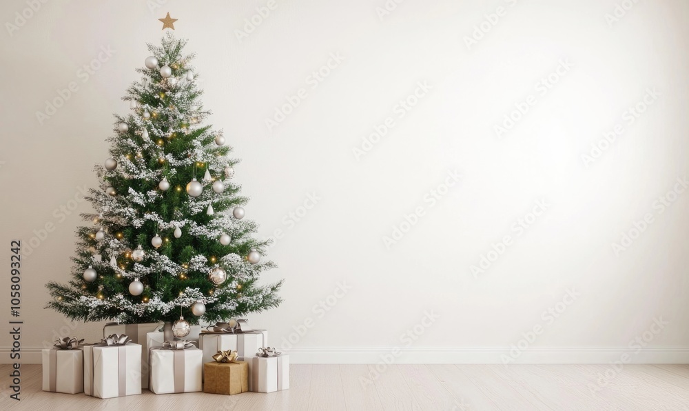 Minimalist living room with a festive Christmas tree in white and silver tones, a few neatly wrapped gifts under the tree Minimalist living room with a festive Christmas tree in white and silver tones, a few neatly wrapped gifts under the tree