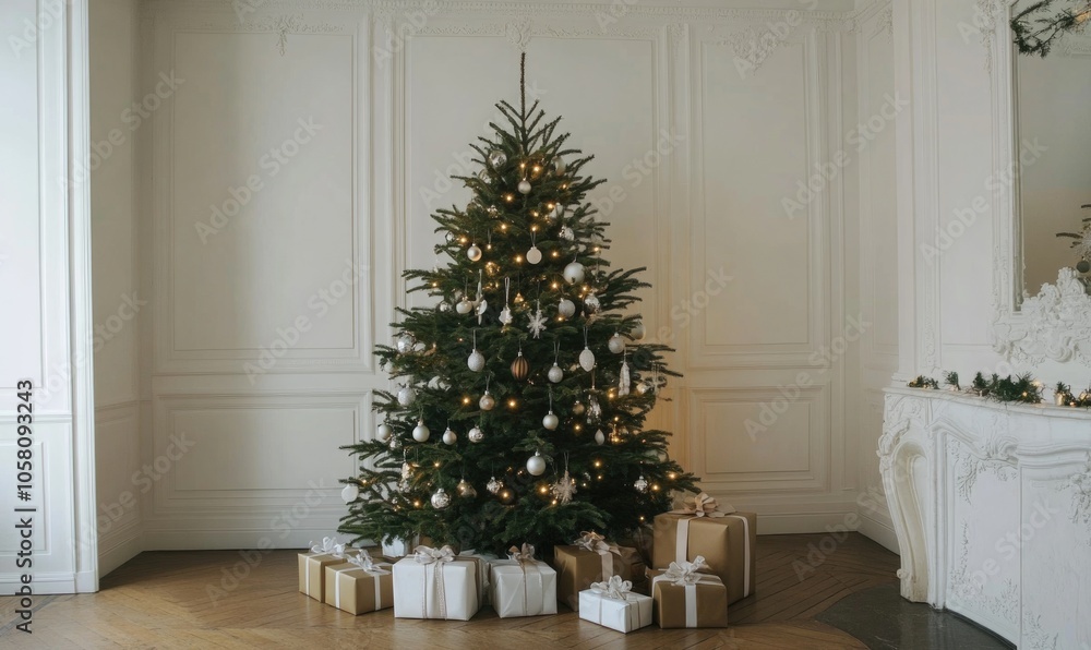 Minimalist living room with a festive Christmas tree in white and silver tones, a few neatly wrapped gifts under the tree Minimalist living room with a festive Christmas tree in white and silver tones, a few neatly wrapped gifts under the tree