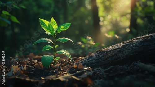 New Life Sprouting in Sunlight Green Plant Emerging from Forest Floor with Sun Rays.