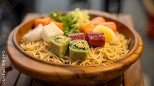 An Enticing Display: Bowls of Delicious Rolls and Noodles on a Vibrant Street Inviting Everyone to Indulge photo