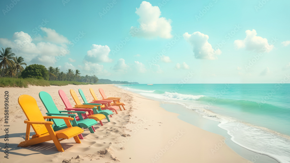 Vibrant Coastal Chairs by the Water, Accompanied by Surfboards and Gentle Waves in a Picturesque Beach Setting Vibrant Coastal Chairs by the Water, Accompanied by Surfboards and Gentle Waves in a Picturesque Beach Setting