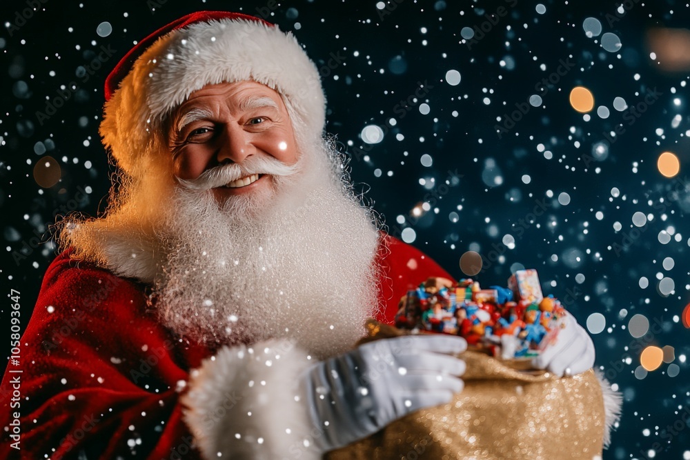 Santa Claus with gift sack in snowy setting joyfully celebrating the holiday spirit and the excitement of giving in a winter wonderland atmosphere Santa Claus with gift sack in snowy setting joyfully celebrating the holiday spirit and the excitement of giving in a winter wonderland atmosphere