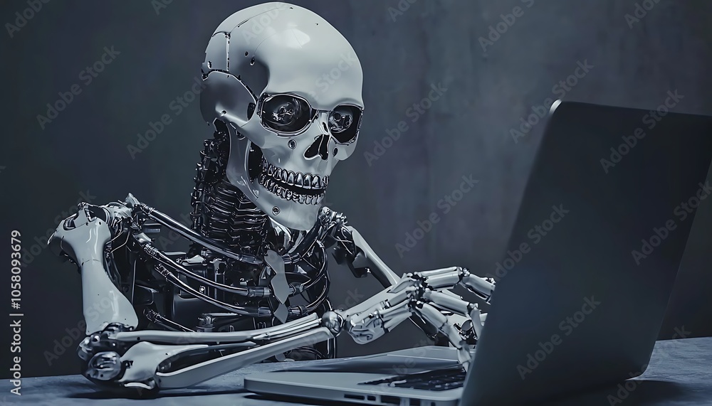 Anonymous robot hacker with a skull mask typing on a laptop; concept of hacking and cybersecurity. Anonymous robot hacker with a skull mask typing on a laptop; concept of hacking and cybersecurity.