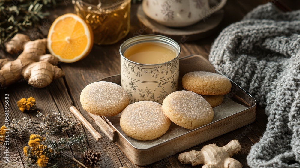 Cozy Scene with Cookies and Tea on Wooden Table Cozy Scene with Cookies and Tea on Wooden Table