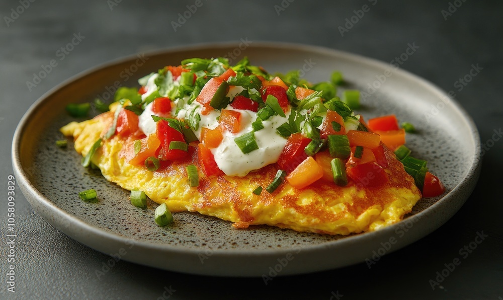 Omelet with yogurt topping, diced bell peppers, and scallions on a grey plate Omelet with yogurt topping, diced bell peppers, and scallions on a grey plate