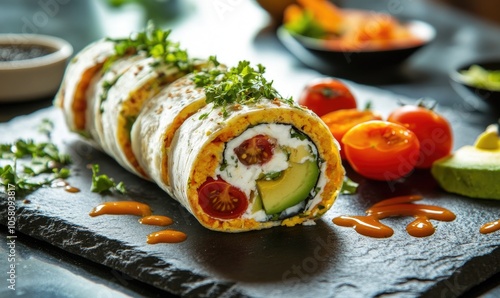 Omelet roll with yogurt, avocado slices, and cherry tomatoes on a stone plate photo