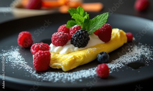 Omelet with creamy yogurt, mixed berries, and mint sprigs on a dark grey plate