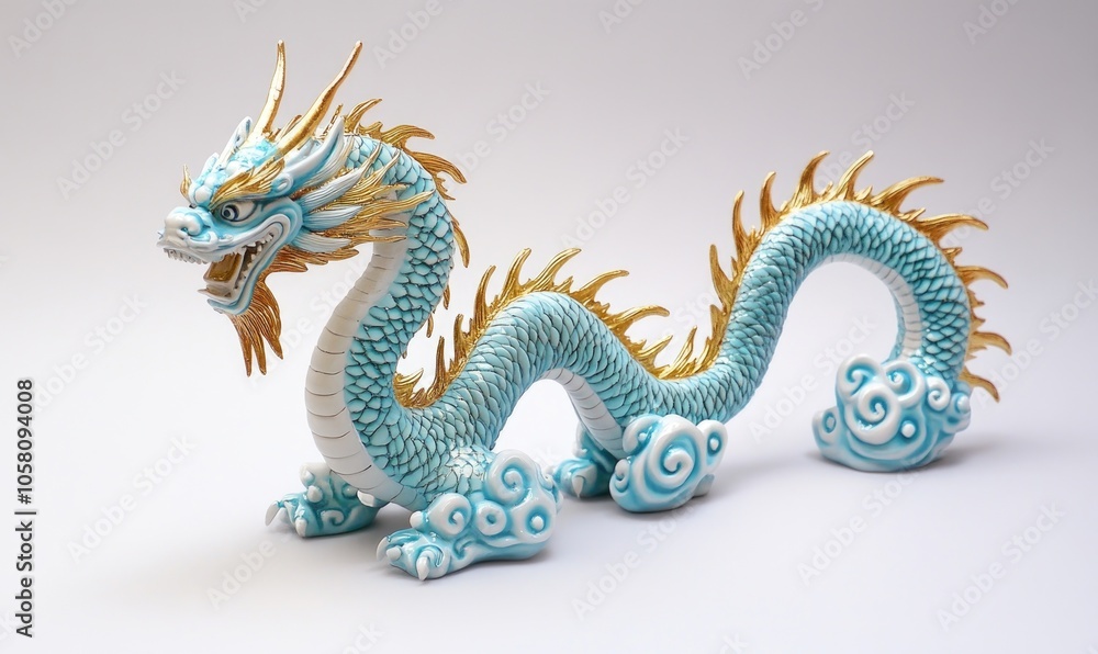 Fototapeta premium Radiant turquoise and gold Chinese dragon on a white background