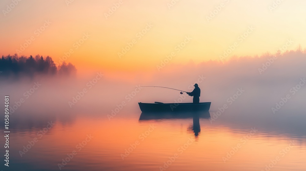 Silhouette of a Fisherman in a Boat on a Misty Lake at Sunset. Silhouette of a Fisherman in a Boat on a Misty Lake at Sunset.