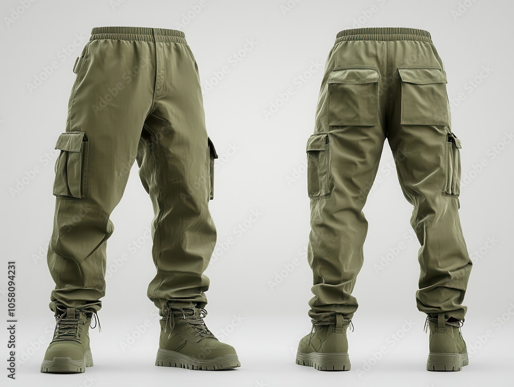 Green Cargo Pants with Elastic Waistband and Large Pockets - Front and Back View Mockup. Green Cargo Pants with Elastic Waistband and Large Pockets - Front and Back View Mockup.