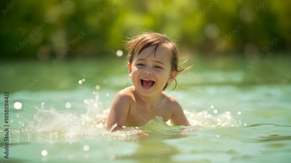 Joyful Child Playing in Water, Embracing the Pure Happiness of Summer Days Joyful Child Playing in Water, Embracing the Pure Happiness of Summer Days