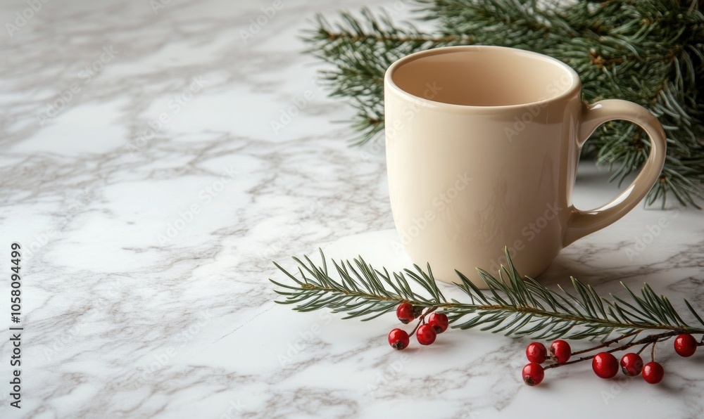 Simple beige mug with a pine sprig and small red berries on a white marble countertop Simple beige mug with a pine sprig and small red berries on a white marble countertop