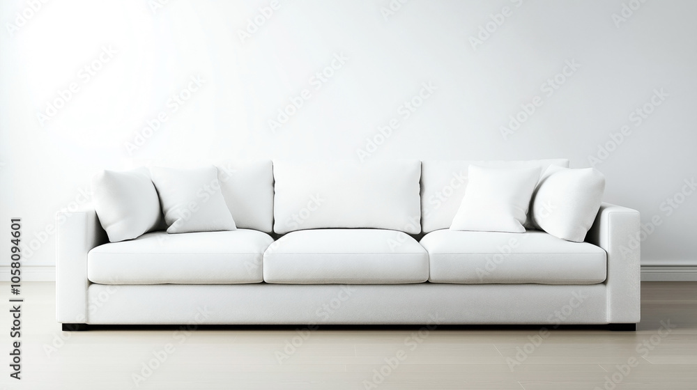 Modern minimalist white sofa with white cushions set against a plain white wall and light wooden floor Modern minimalist white sofa with white cushions set against a plain white wall and light wooden floor