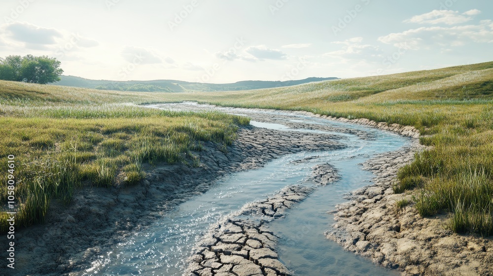 Fototapeta premium Serene Creek Winding Through a Dried-Up Landscape with Lush Green Grass and Blue Sky