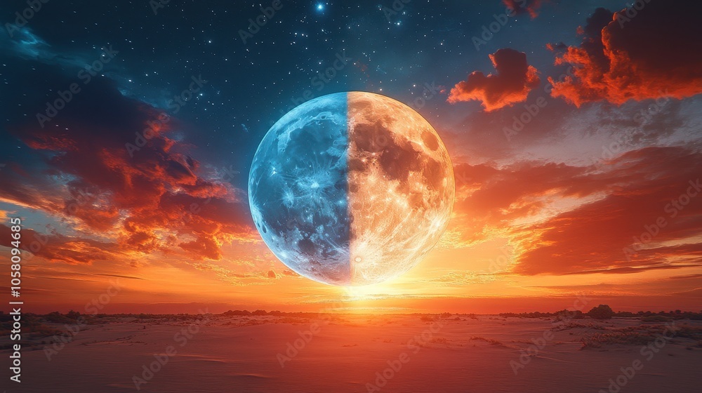 Half Moon Setting Over Red Sky with Stars, Dramatic Landscape, Fantasy Space Scene. Half Moon Setting Over Red Sky with Stars, Dramatic Landscape, Fantasy Space Scene.