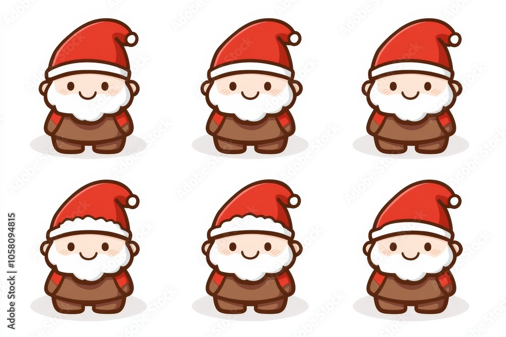Cartoon icons of six Santa characters in various poses symbolizing holiday cheer simplicity and playful spirit in a cute minimalist style ideal for festive applications