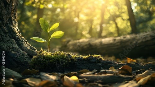 New Life Sprouting from Old Tree Trunk in Forest with Sunlight - Nature Photography.