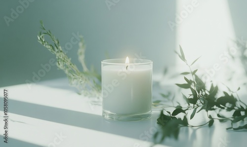 Single white candle in a clear glass holder on a white table photo