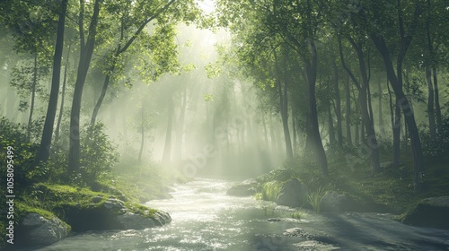 Tranquil Forest River With Sunlight Breaking Through Mist and Fog - Serenity and Nature Photography