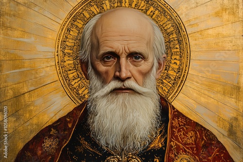 Classical painting of elderly man with halo symbolizing reverence devotion and spiritual wisdom in an intricately detailed religious artwork