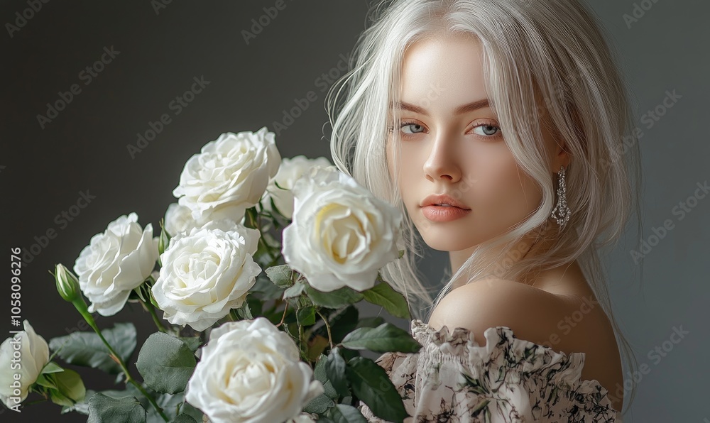 Obraz premium Woman with platinum blonde hair, silver hoops, holding white roses