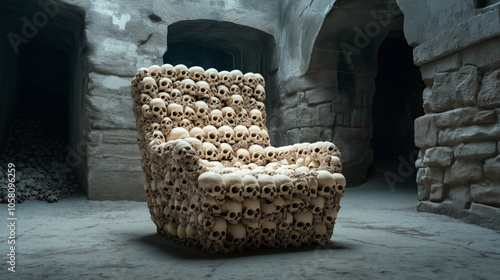 A macabre armchair constructed entirely from human skulls situated in a dimly lit underground stone chamber with multiple arched passageways.