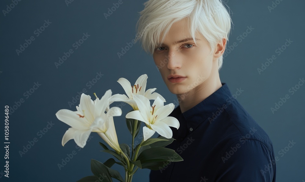Closeup portrait of a man with pure white hair, holding pale white lilies