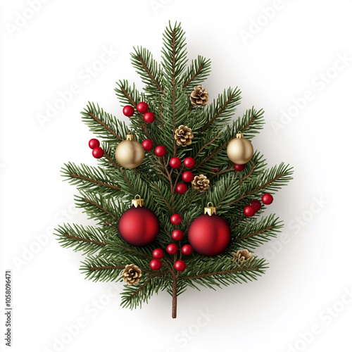 arrangement of pine branches, red and gold ornaments. isolated on white background