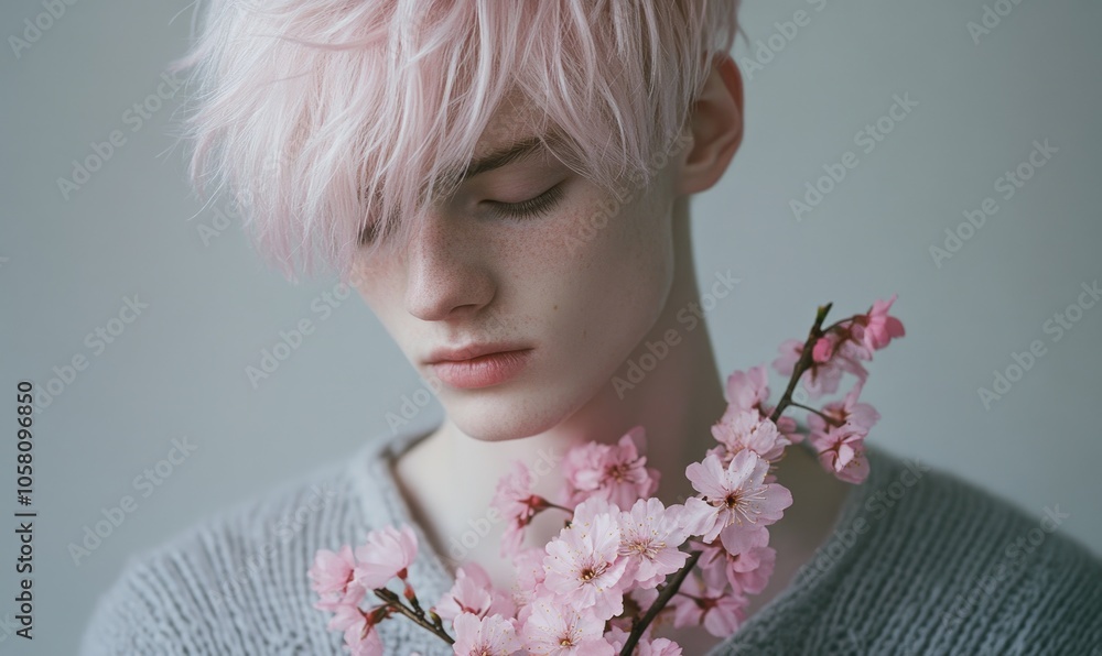 Fototapeta premium Closeup portrait of a man with pale pink hair styled back, holding pink cherry blossoms