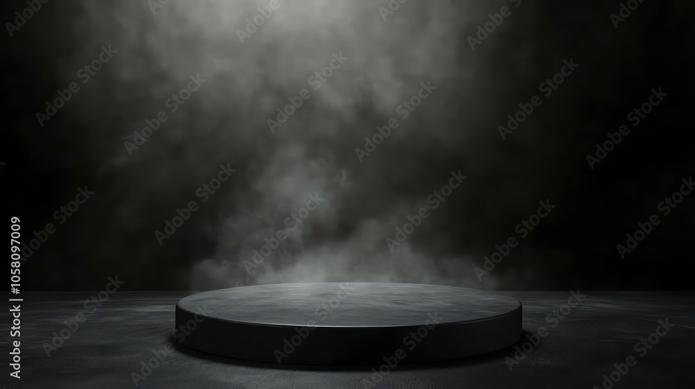 A circular podium in a dark and smoky environment. The spotlight shines on the platform. A circular podium in a dark and smoky environment. The spotlight shines on the platform.