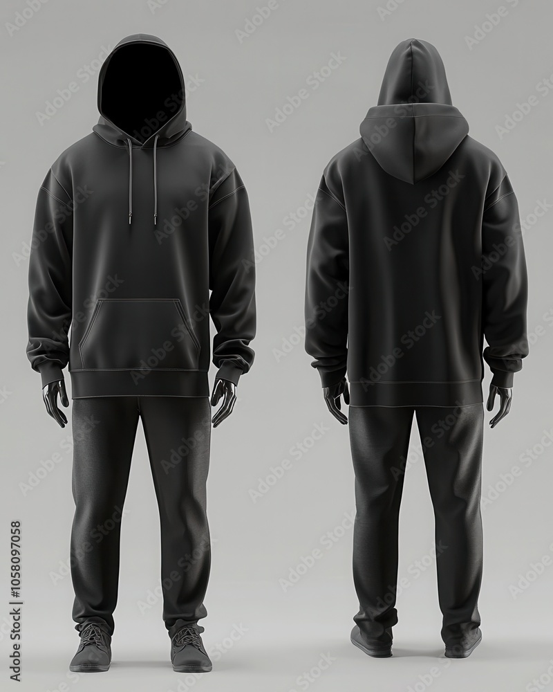 Black Hoodie and Jogger Sweatsuit Mockup - Front and Back View. Black Hoodie and Jogger Sweatsuit Mockup - Front and Back View.