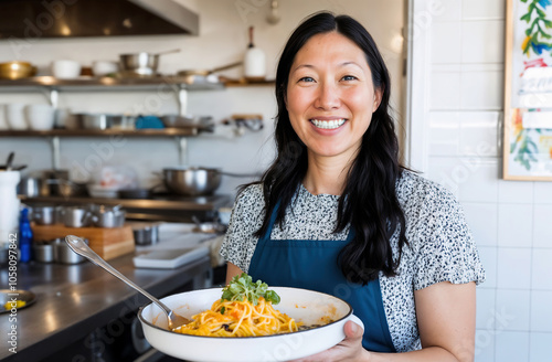 Chef proudly presents a delicious pasta dish in a bright restaurant kitchen during lunchtime service