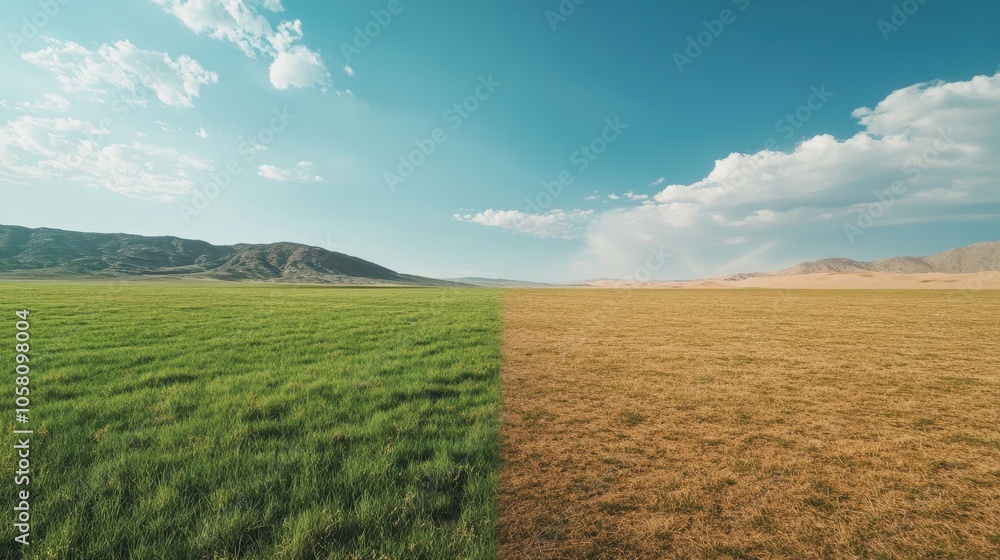 Fototapeta premium Dramatic Landscape Photography Vivid Green Grass Field Meets Dry Brown Grass Field Under Clear Blue Sky with White Clouds