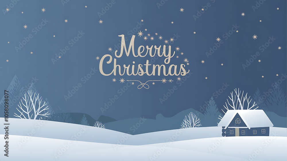 Snowy Winter Night Landscape with a Cabin and Snowy Winter Night Landscape with a Cabin and